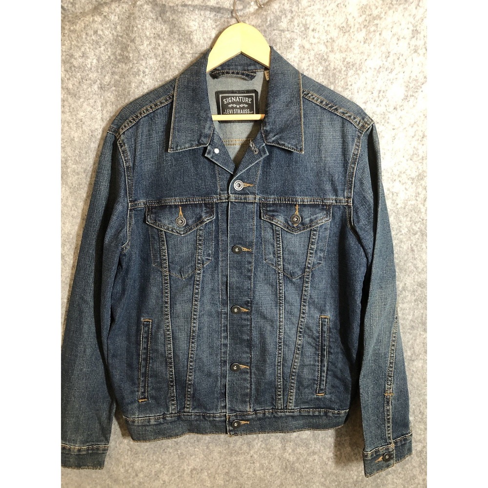 Levi's Jacket Mens Medium Blue Denim Gold Trucker Distressed Wash Casual Western